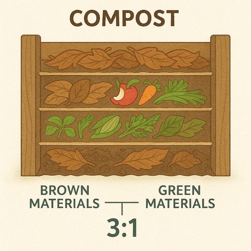 Diagram showing the proper layering technique for building a compost pile with brown and green materials